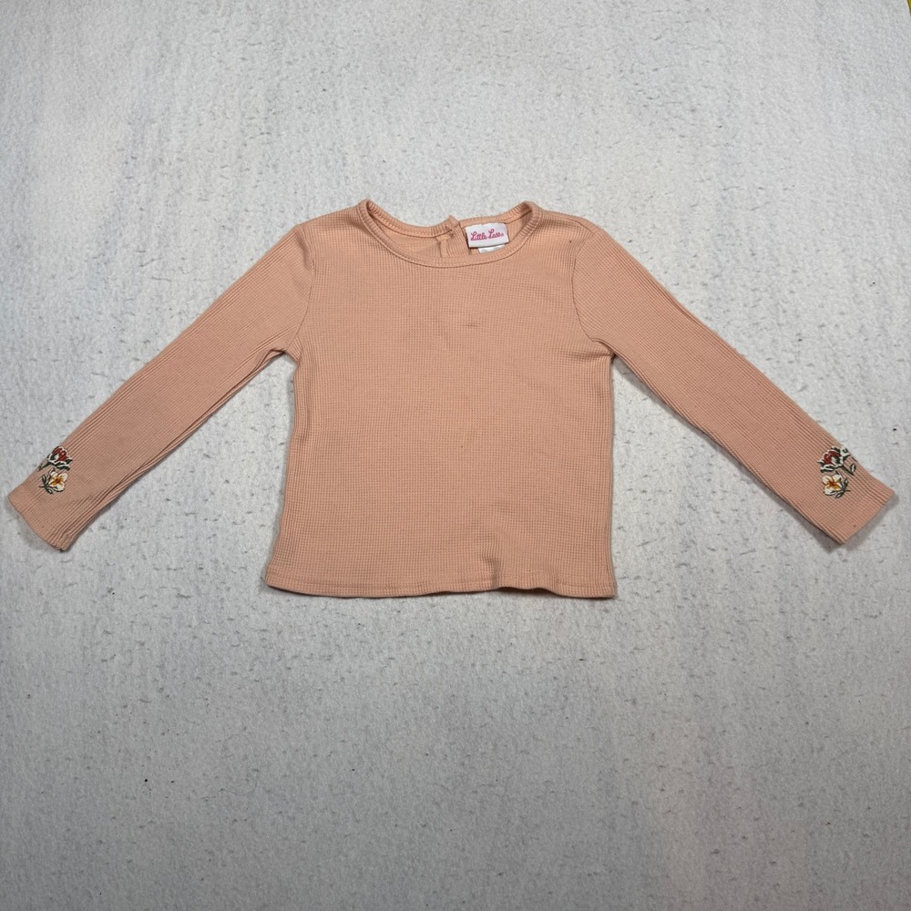 Little Lass Girls Peach Waffle Knit Thermal Top Floral Embroidery Size 5
